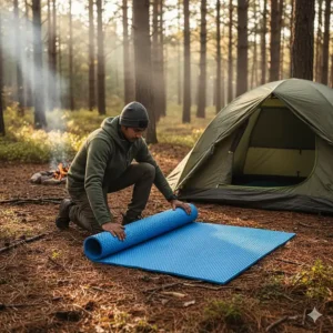 A person laying out a new, blue camping foam mat on the forest floor next to a tent.