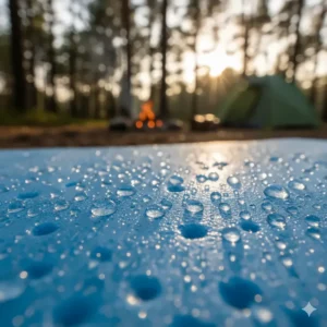 A detail shot of water beading on the surface of a camping foam mat, demonstrating its waterproof properties.