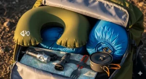 The best inflatable pillow for camping packed alongside a sleeping bag and other essential lightweight camping gear.