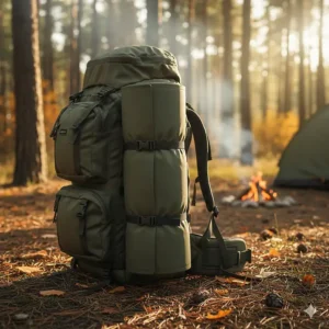 A compact, lightweight two-person camping mat attached to the outside of a hiking backpack, highlighting its portability for long treks.