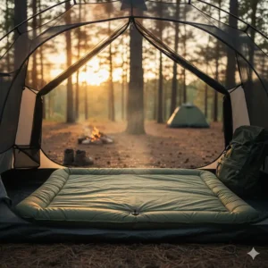 A two-person camping mat fully inflated and laid out perfectly inside a spacious two-person tent, demonstrating how it fits.