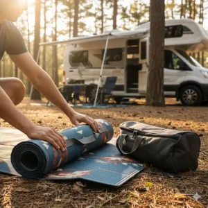 A rolled-up camping mat secured with a carrying strap, next to a storage bag, showing how it can be neatly stored away when traveling.