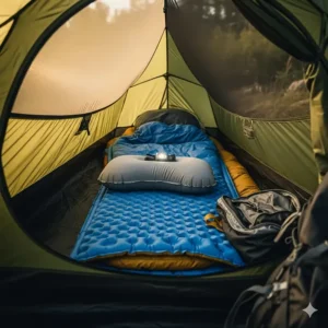 A lightweight camping pillow perfectly positioned on a sleeping pad inside a tent, showing a complete sleep system.
