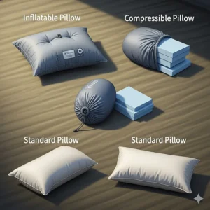 Various camping pillow options, such as inflatable pillows, compressible pillows, and standard pillows, arranged for a clear view of their designs.
