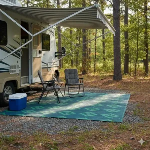 An outdoor camping rug placed under an RV awning, showing its use as an extended patio area for a camper.