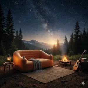 Comfortable inflatable camping sofa set up next to a campfire under the stars.