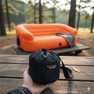 A compact, tightly packed carry bag showing the portability of the lightweight camping sofa.
