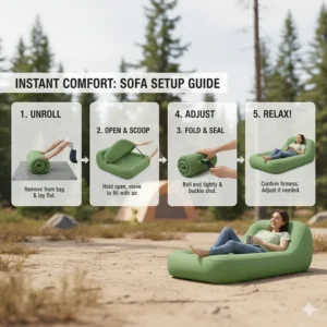 A step-by-step diagram illustrating the process of setting up an inflatable camping sofa. Each step shows how to unfold and inflate the couch quickly and easily.