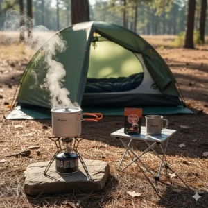A compact camping stove with a small pot boiling water for instant coffee next to a tent.