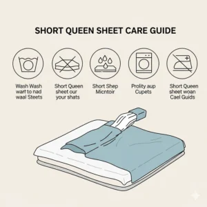 A visual guide with simple icons explaining how to wash and care for your new short queen sheets to maintain their quality.