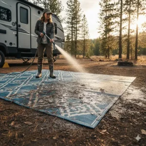 A person hosing down a muddy RV camping mat to clean it, demonstrating how easy it is to maintain.