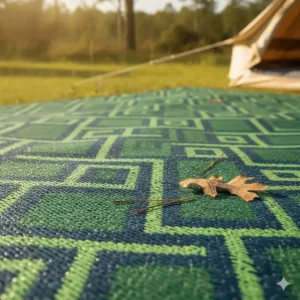 A close-up texture shot of a camping rug's weave, showcasing the quality and material of the outdoor mat.