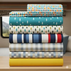 A stack of brightly colored bunk sheets for RVs, showcasing a variety of patterns and colors to match different interior designs.