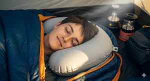 A camper sleeping soundly on a comfortable inflatable camping pillow, highlighting the ergonomic neck and head support.