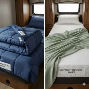 Comparison of an RV comforter versus a lightweight bedspread, highlighting the difference in bulk and material.