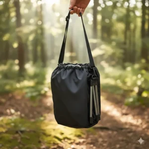 The compact camp stool is shown neatly packed away inside its included carry bag with a shoulder strap for easy transport.