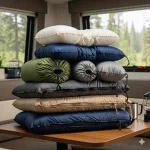 A collection of compact, compressible pillows stacked together, perfect for RV camping trips.