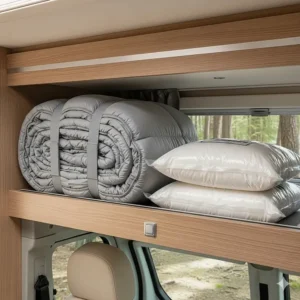 Example of a space-saving bedding solution, such as a roll-up comforter or compressed pillows, for motorhome storage.