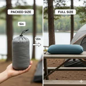 A lightweight, compressible pillow shown in its small, packed state and its full size, highlighting its space-saving features for camping.