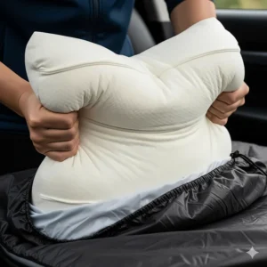 A plush compressible foam pillow being squeezed to demonstrate its ability to pack down into a stuff sack, a great option for car campers.