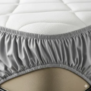 A close-up shot of the elasticized corner of an RV queen fitted sheet, showing how it securely grips the mattress.