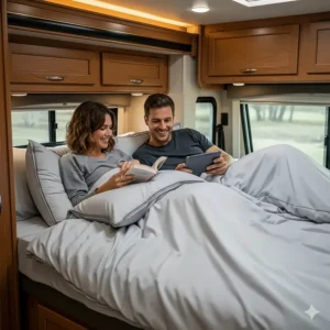 A happy couple relaxing comfortably on a bed with soft RV king sheets inside their motorhome.