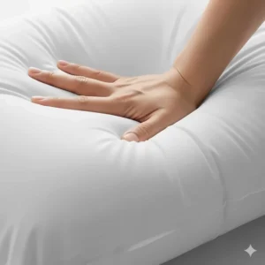 A hand gently pressing on a fully inflated air pillow, demonstrating its soft, supportive, and cushiony feel.