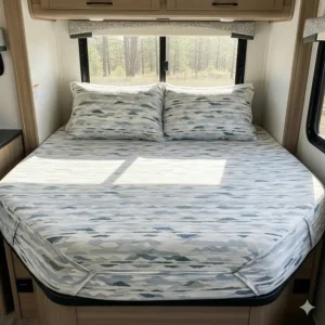 Custom RV bedding set with a fitted bedspread and matching shams, designed for a unique mattress size.