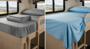 A side-by-side comparison showing the perfect fit of custom-made RV bunk sheets versus a regular twin sheet that is ill-fitting.
