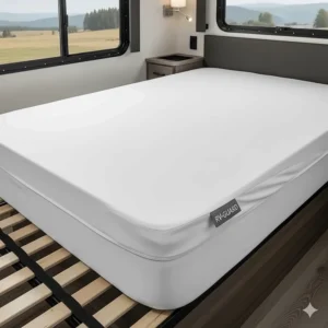 A protective, waterproof mattress cover designed for the unique dimensions of an RV mattress, ensuring longevity.