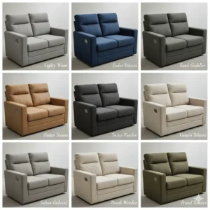 Collage of different upholstery colors and materials available for replacement jackknife sofas suitable for a camper remodel.