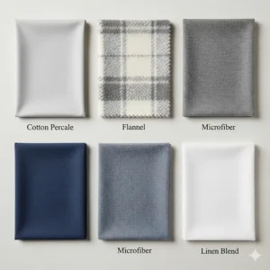 A flat lay image displaying swatches of various fabrics used for RV queen sheets, such as cotton, microfiber, and flannel.