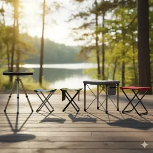 A variety of folding camp stools displayed side-by-side, including tripod and four-legged designs, showcasing the different options available to consumers.