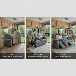 Step-by-step diagram showing how to remove old RV furniture and easily install a new modular camper loveseat recliner.