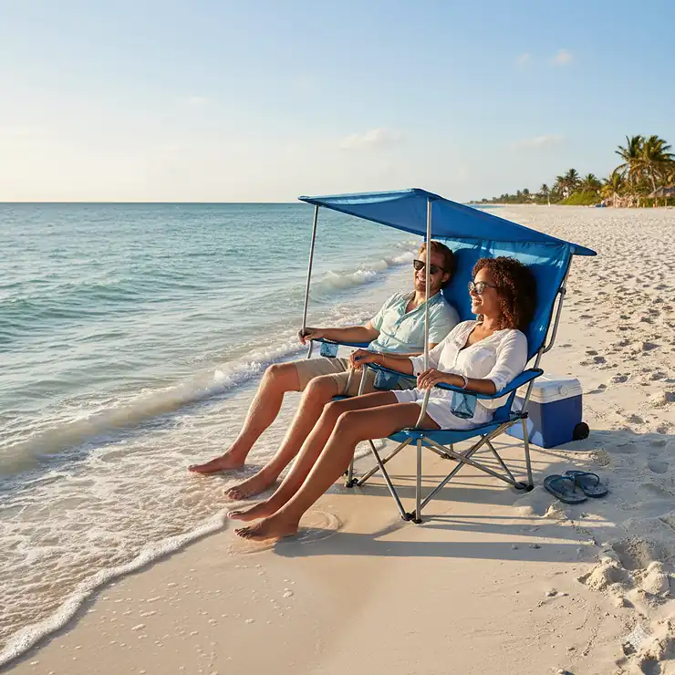 A couple relaxing in a blue double camping chair with a sunshade on a sandy beach.