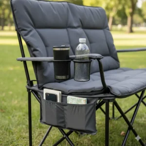 View of the built-in cup holders and side storage pockets on an oversized double camping chair loveseat.