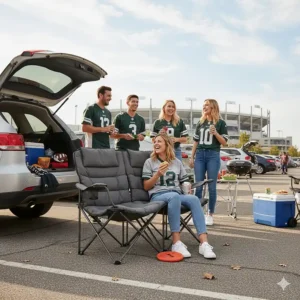 An image of a double camping chair set up for a tailgate party or sideline sports viewing.