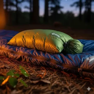 A soft, fluffy down-filled camping pillow resting on a sleeping bag, highlighting its luxurious comfort and packability.