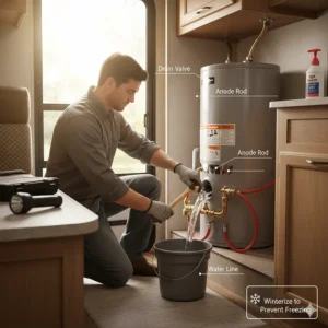 A person performing routine maintenance on a camper water heater, draining the tank to prevent freezing damage.