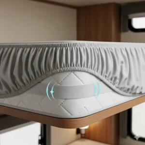A close-up shot of a fitted sheet being stretched over a mattress, highlighting the elasticized corners designed for a snug fit on an RV bunk mattress.