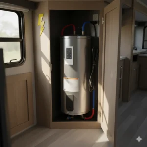 An electric water heater for a recreational vehicle, ideal for campers with shore power hookups.