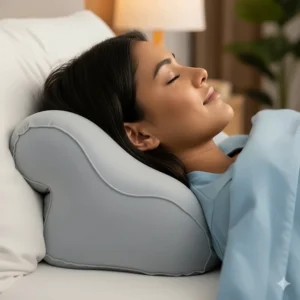 A side-view of a person sleeping comfortably on an ergonomically designed air pillow, showing the head and neck support it provides.