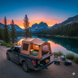 A Ford F-150 truck with a tent in its bed, perfectly set up for camping with a beautiful lake and mountain view.