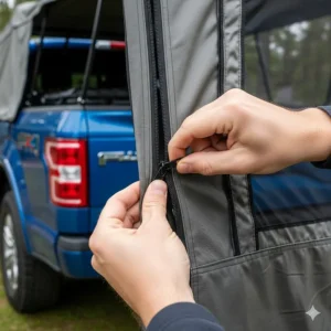 A close-up shot of someone zipping up the main door of a set-up F-150 tent, showing the secure closure.
