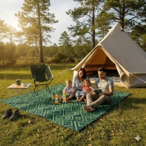 A family relaxing barefoot on a large, soft camping rug in front of their tent, emphasizing comfort and family-friendly use.