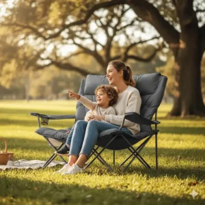A parent and child sitting together in a spacious double camping chair, perfect for family outings.