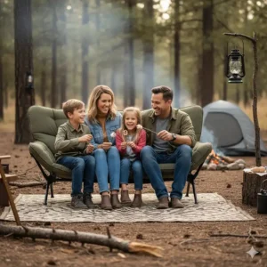 A family of four sitting comfortably on a large camping couch at a campsite. The parents and two children are smiling, showing how the couch is spacious and suitable for group outdoor activities.