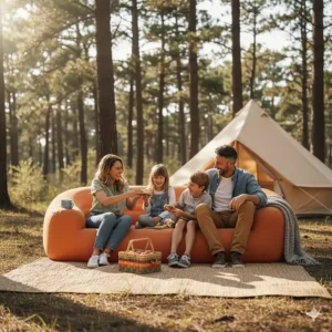 A family enjoying a picnic lunch seated on their portable camping sofa outdoors in the daylight.