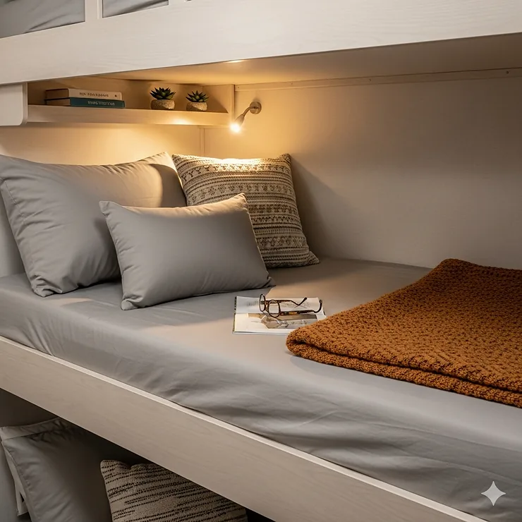A cozy, neatly made RV bunk bed featuring a set of custom-fit RV bunk sheets in a modern, neutral color.