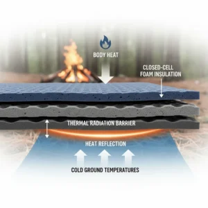 A cross-section diagram showing the closed-cell foam insulation structure of a camping mat that provides a thermal barrier from the cold ground.